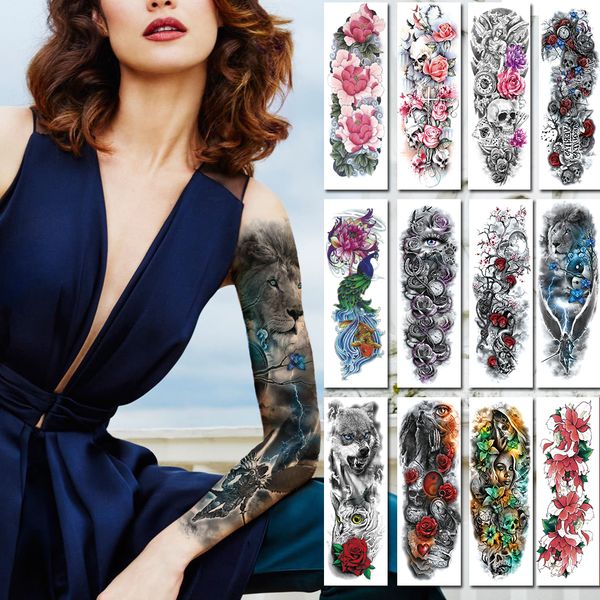

large arm sleeves tattoos waterproof temporary rose lotus women girl flower tattoo sticker skull angel men full fake black tatoo
