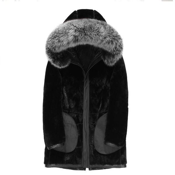 

men genuine leather jacket fur collar thick warm inner mink clothing coat classic coats chaqueta hombre, Black