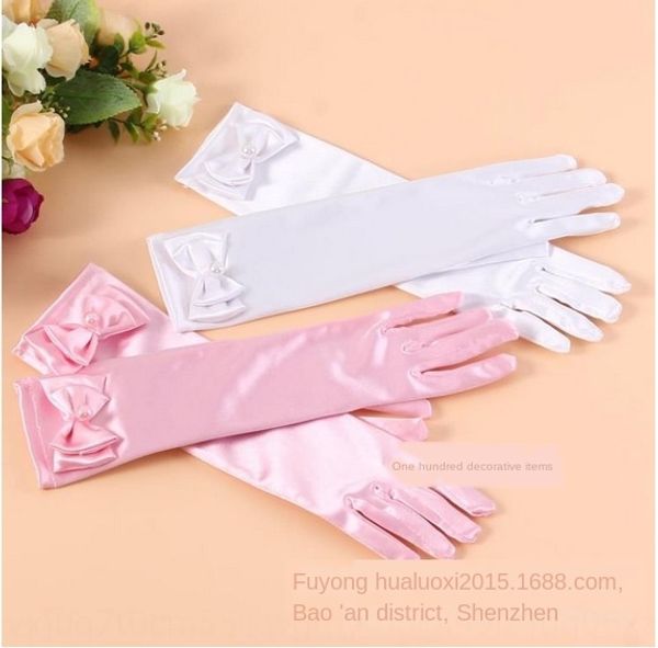 

children's accessories girl's princess flower boy's gloves medium and long pink bow dress accessories princess dress gloves, White
