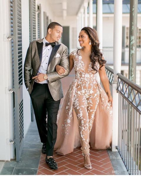 

2020 новый стильный знаменитости комбинезон платье выпускного вечера с overskirt sexy sheer v-образным вырезом cap рукавом вечерние платья м, Black;red