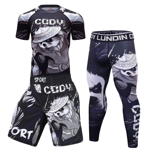 

men compression running jogging suits clothes sport set panda t-shirt and pants gym fitness workout tights clothes 4pcs / sets, Black;blue