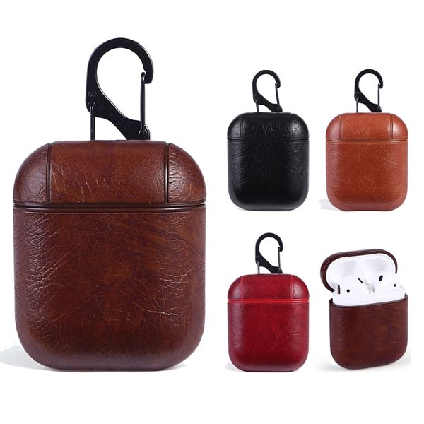 

for apple airpods genuine leather case protective shockproof charging portable earphone cover cases with anti-lost hanging keychain