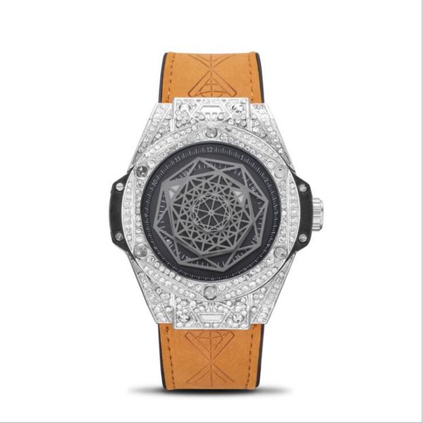 

set auger diamond dimensional design luminous men leather luxury multifunction quartz watch, Slivery;brown