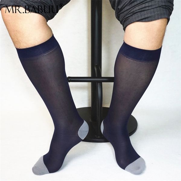 

two-tone mesh nylon silk socks for men business soft sheer light weight single packing formal dress suit knee length long socks, Black