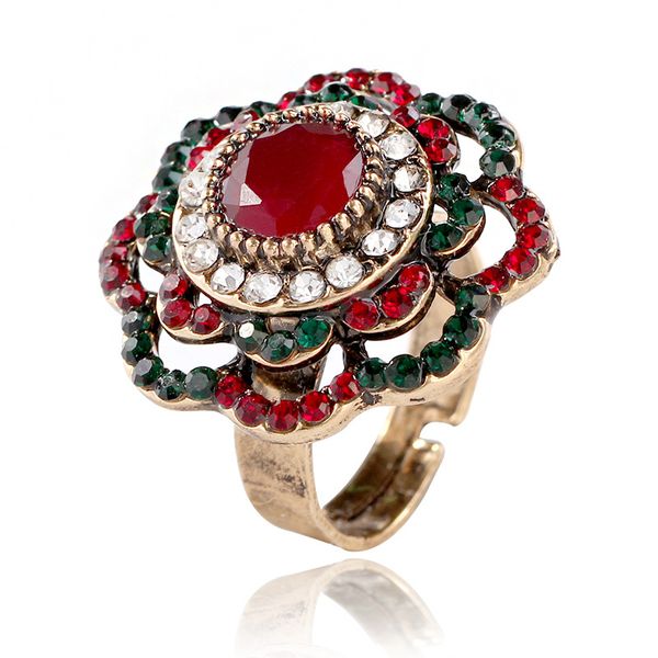 

european and american popular jewelry retro opening ring bohemian hollow flower ring, Golden;silver