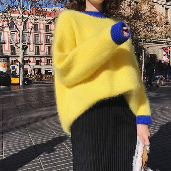 

2019 autumn sweater new women round-neck edges faux velvet sleeve long-sleeveknit sweater o-neck pullovers women, White;black