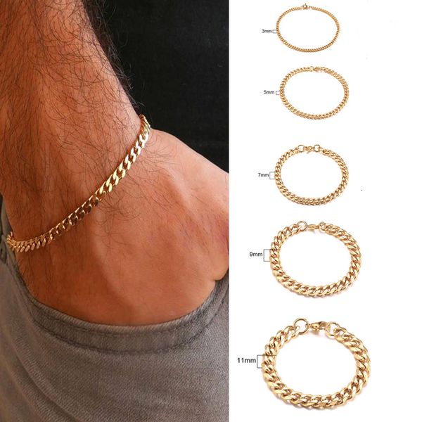 

men's bracelet curb cuban link chain stainless steel mens womens bracelets bangle gold tone no fade 3mm, Golden;silver