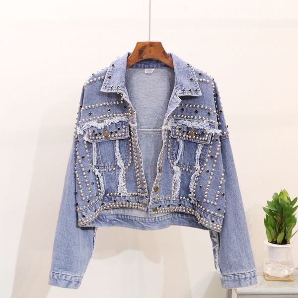 

autumn long sleeve frayed coat heavy rivet women's denim jacket vintage jeans jacket korean women wild harajuku women basic coat, Black;brown