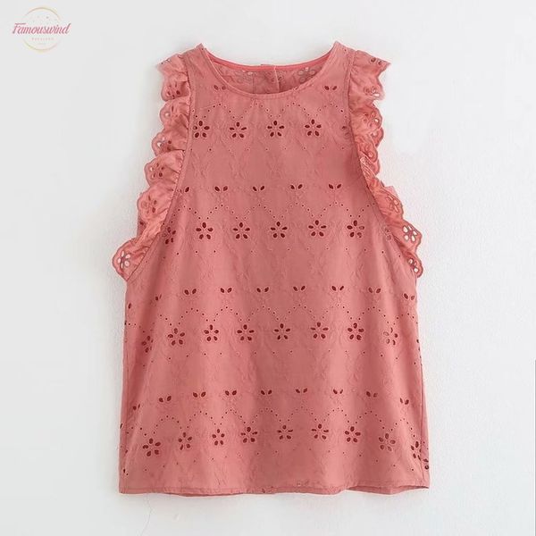 

2020 women sweet hollow out embroidery vest blouse back shirts women o neck sleeveless ruffles casual blusas ls3770, White