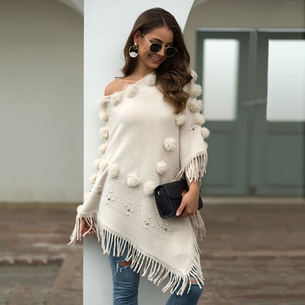 

х grand женщина бисероплетение свитер осень 2019 мода pom помы вязаных outwears кисточка пуловеры вино красного черный свитер wzl1507, Black