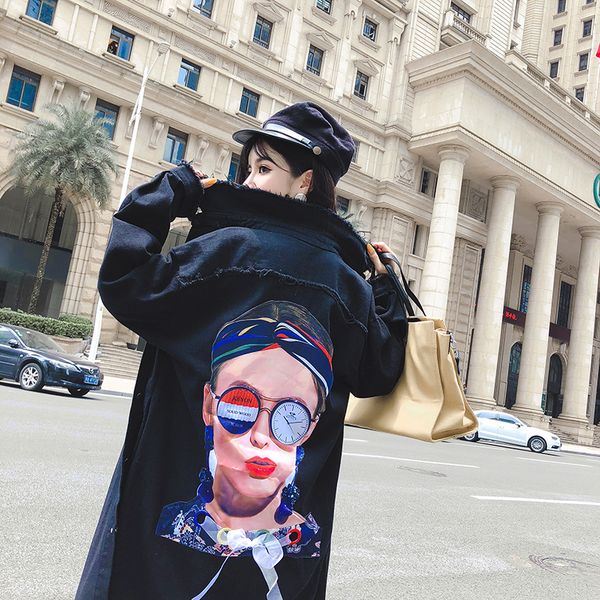 

spring new fashion character female denim coat long sleeve loose trench woman casual autumn black windbreaker streetwear, Tan;black