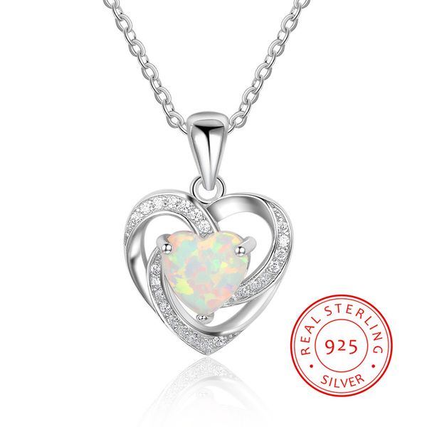 

junxin new fashion women heart opal necklaces 100% real 925 sterling silver necklace & pendant vintage wedding jewelry for women
