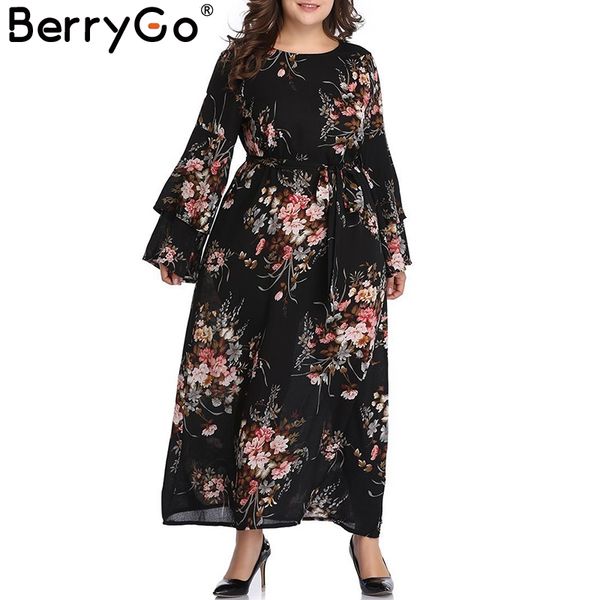 

berrygo chiffon boho maxi dress women long sleeve plus size high waist belt beach dress female party elegant floral print, Black;gray