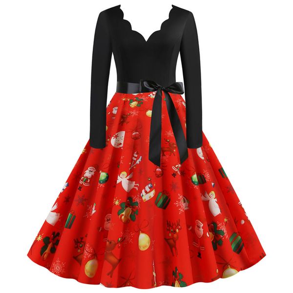 

winter christmas dresses women vintage robe v neck swing pinup elegant party dress long sleeve casual plus size print cosplay, Black;gray