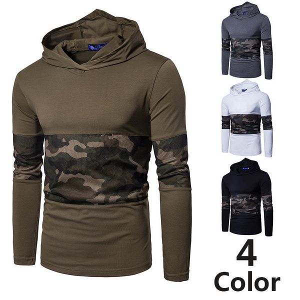 

2020 new men's wear camouflage hooded long sleeve t-shirt cross border european fashion splicing men's casual t-shirt, Black