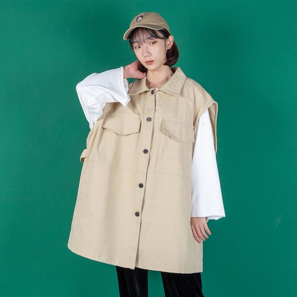 

spring autumn women sleeveless lapel loose plus size cargo vest jacket female men japan streetwear hip hop waistcoat vests coat, Black;white