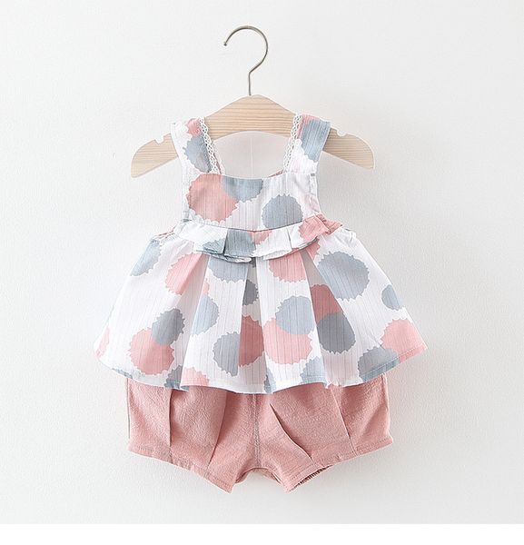 

Baby Girls Clothing Kids Summer Sleeveless big polka dots design shirt +pink short clothing sets summer princess clothing sets