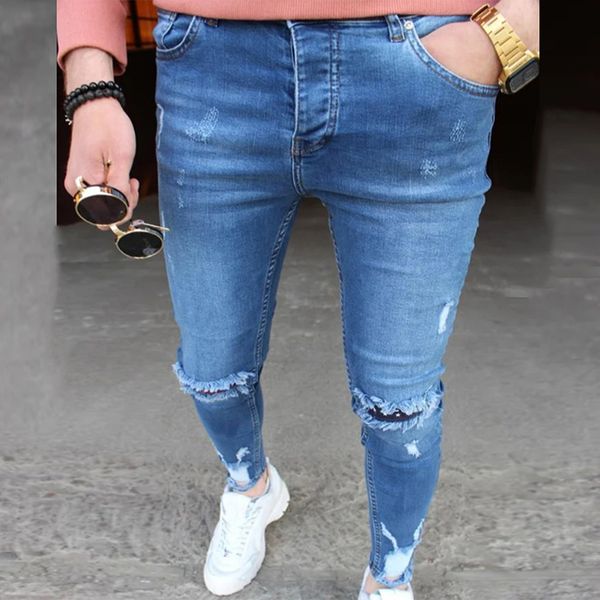 

men denim pants summer hole biker jeans men stretchy skinny destroyed slim fit jeans ripped denim pencil pants streetwear, Blue