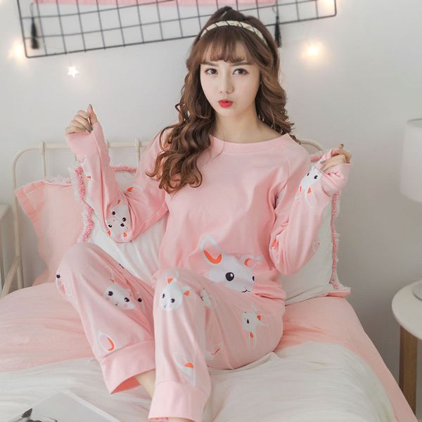 

tinyear female korean-style pink long-sleeve knitted cotton spring and autumn sweet cute girl's pajama set, Blue;gray