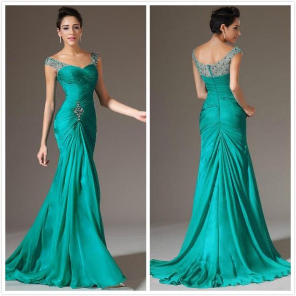 2019 Hot elegante Mermaid Evening Prom Vestidos Turquoise Chiffon dama de honra do evento Vestidos frisada Sequins Charming formal do partido Vestidos