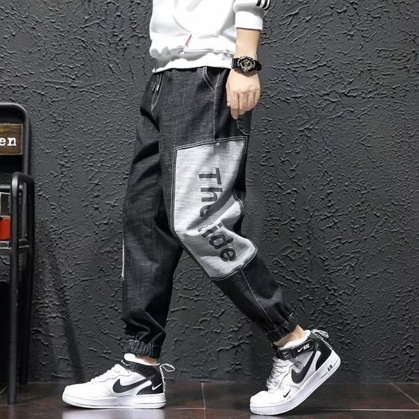 

wholesale 2020 black beamed jeans men's autumn and winter new korean trend of loose beam feet tide brand tooling casual trousers, Blue