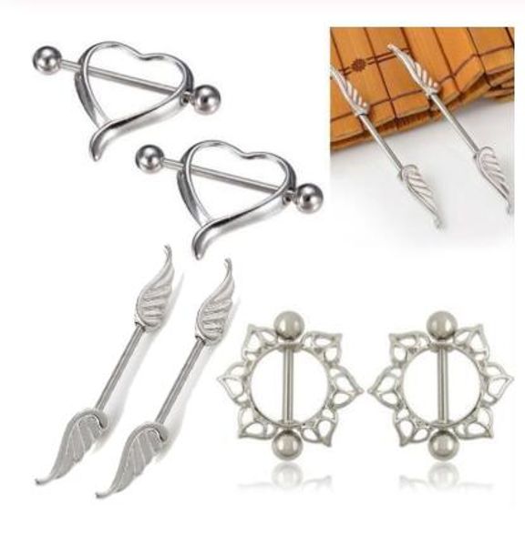 

sale 1pair silver color heart wing flower barbell nipple ring body piercing earrings for women girls jewelry gift
