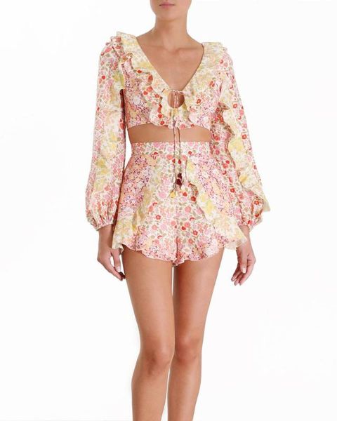 

two piece dress deat 2021 spring pink floral print long lantern sleeve v neck dew navel lace up elastic shorts women mf398, White