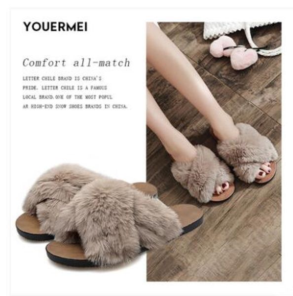 

chic girl winter plush slippers fashion women designer outdoor warm flip flops flat slides luxury shoes fur sandals size 36-41, Black