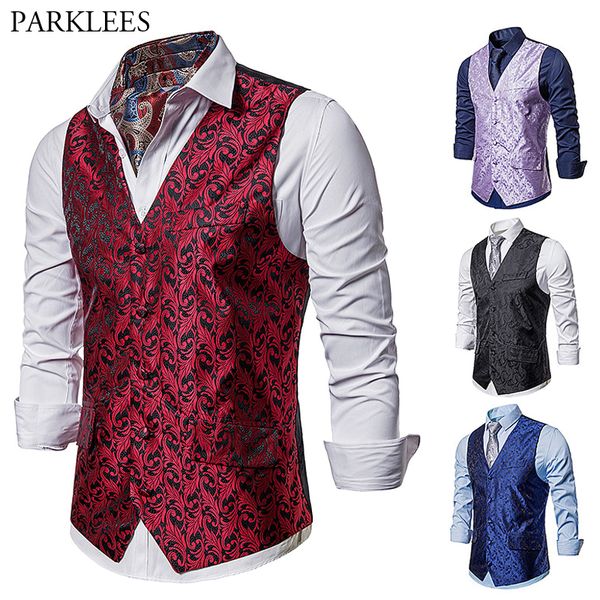 

men's paisley flower steampunk suit vest 2019 retro classic single breasted vest waistcoat for suit or tuxedo gilet homme, Black;white
