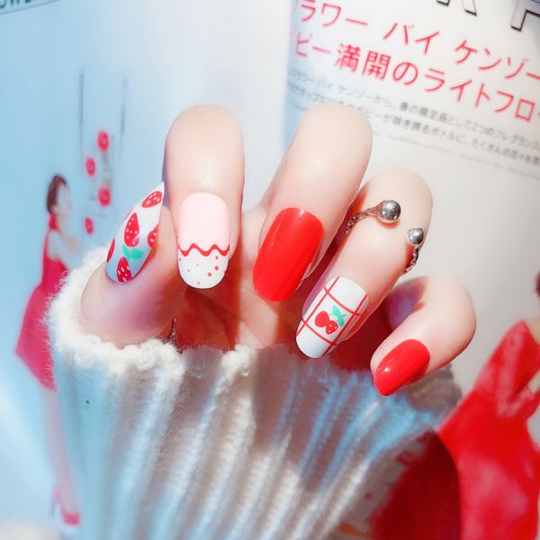

false nails red strawberry pattern 24 sheet/set fake nail tips round cover glue manicure makeup design pure art stickers s13, Red;gold