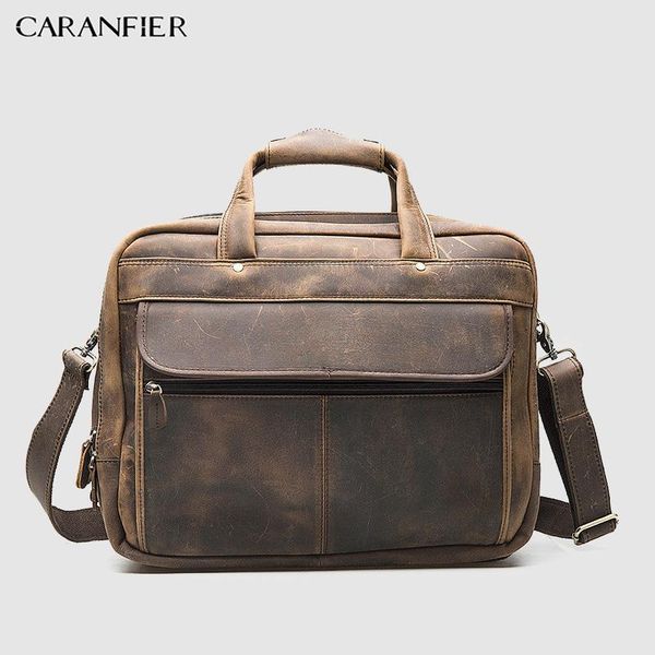 

caranfier retro mens briefcase first layer of leather men business packs 16-inch lapshoulder zipper bags