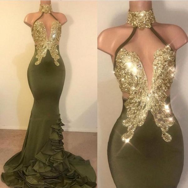 

deep v neck prom dresses halter appliques sequins ruffles evening dresses mermaid custom made elegant women party gowns ing, Black