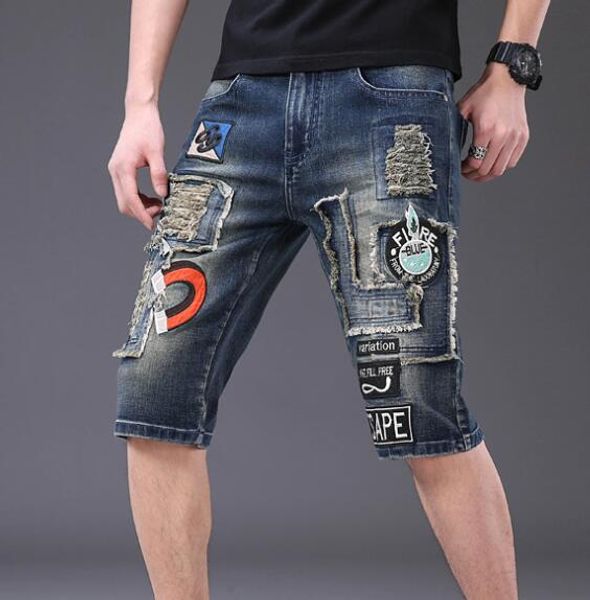 

summer thin embroidery men shorts jeans steampunk knee length, Blue