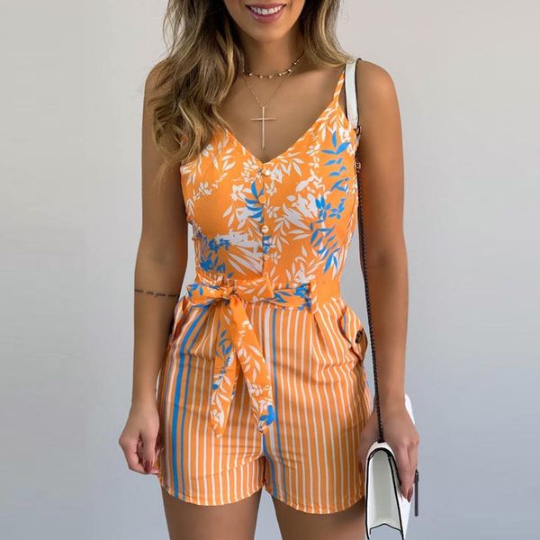 

women jumpsuit summer v-neck floral print beach romper women spring backless party playsuit sleeveless straps overalls belt, Black;white