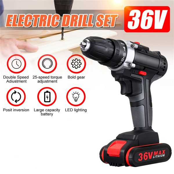 

36v 25-speed electric cordless drill double-speed adjustment led worklight drill screwdriver wood drilling wireless power tool