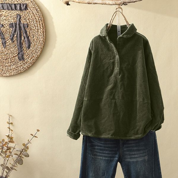 

feitong shirt women vintage corduroy solid button long sleeve loose casual and blouse women shirt plus size 5xl, White