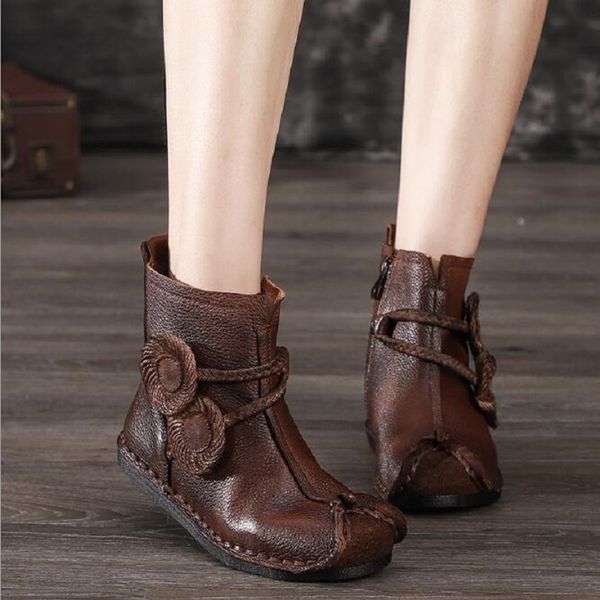 

spring autumn winter retro china style genuine leather ankle women boots sewing flowers short lady equestrian boots 191009, Black