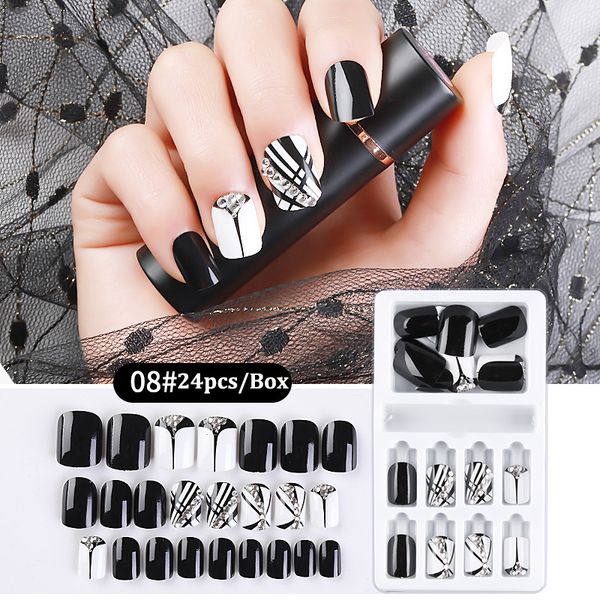 

24pcs fake nails lattice grid heart design french multiple colors reusable false nails tips press on nails with glue sticker, Red;gold