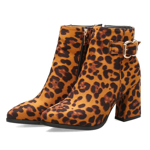 

women's winter boots leopard print women's boots heels zipper short booties pointed toe ankle for women botas mujer, Black