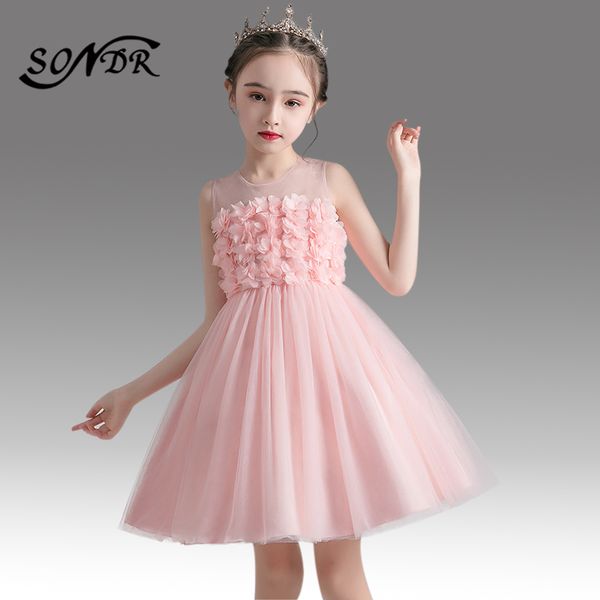 

аппликация цветок девочка платье ht175 o-образный вырез без рукавов формальных детей свадебных платьев партии смычка zipper назад принцесса, Red;yellow