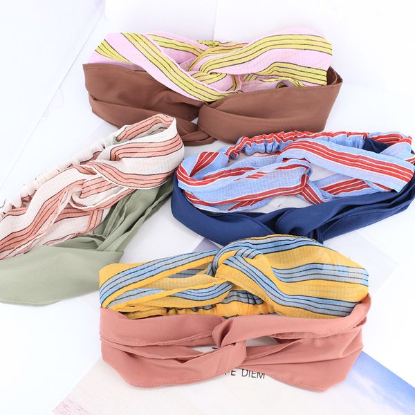 

4pcs/lot two layer chiffon headbands for girls striped stretch headwraps wide stripes women hair bands hair accessories summer