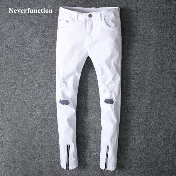 

men hip hop ripped elasticity skinny white jeans knee holes motorcycle streetwear casual bottom zipper joggers denim trousers, Blue