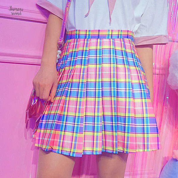 

harajuku plaid pleated skirt high waist casual rainbow a line skirt cute korean uniform female kawaii women midi bottoms skirt, Black