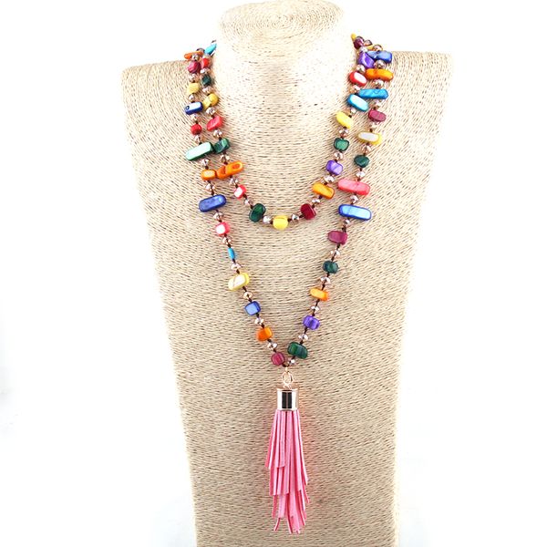 

new fashion bohemian jewelry pink shell and crystal beads knotted halsband women chokers tassel necklace, Golden;silver