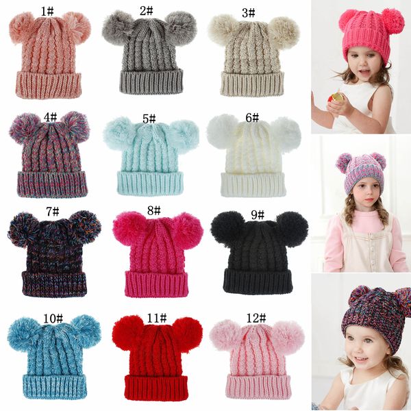

12styles kid knit crochet beanies hat girls soft double balls winter warm hat outdoor winter warm baby pompom ski caps ffa3155