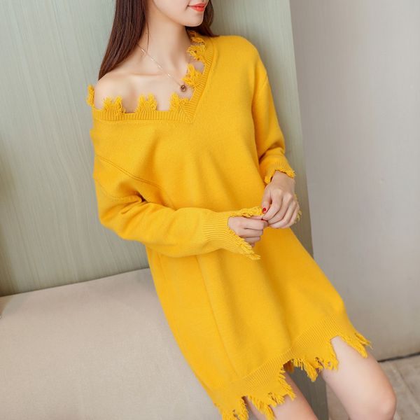 

6287 real s new hole knitting, v collar sweater, dress 50, Black