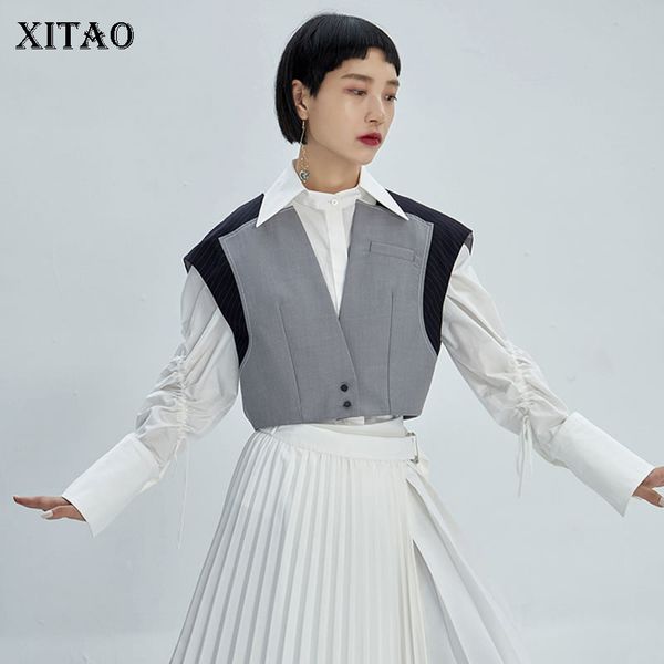 

xitao splice stripe vest women v neck sector short vests fashion personality sleeveless coat wild streetwear women dmy1169, Black;white