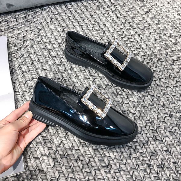

square buckle ladies flat heel shoes shiny patent casual shoes classic designer women shallow shoes thick heel flats zy666, Black