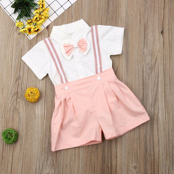 

2pcs set toddler kids baby boy girls clothes sets short sleeve t-shirt+shorts pants outfits pink gentleman clothes, White