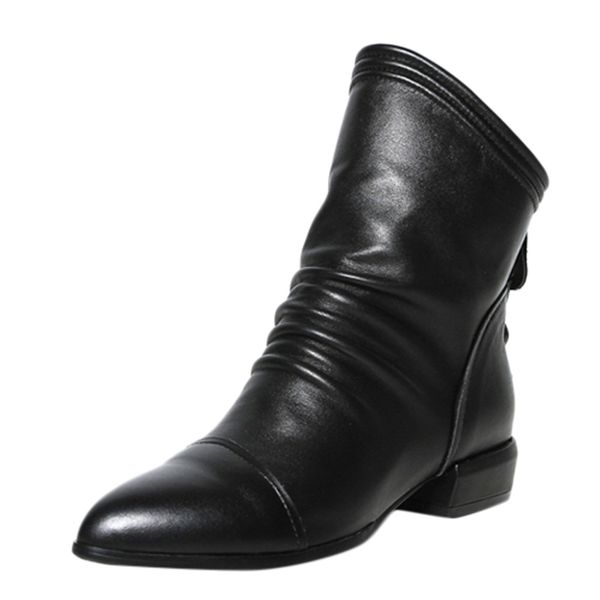 

women's boots fashion solid leather boots ruffles zip snow low square heel middle shoes botas mujer #0814, Black